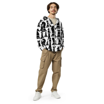 Mens Full Zip Graphic Hoodie, Black and White Chess Print