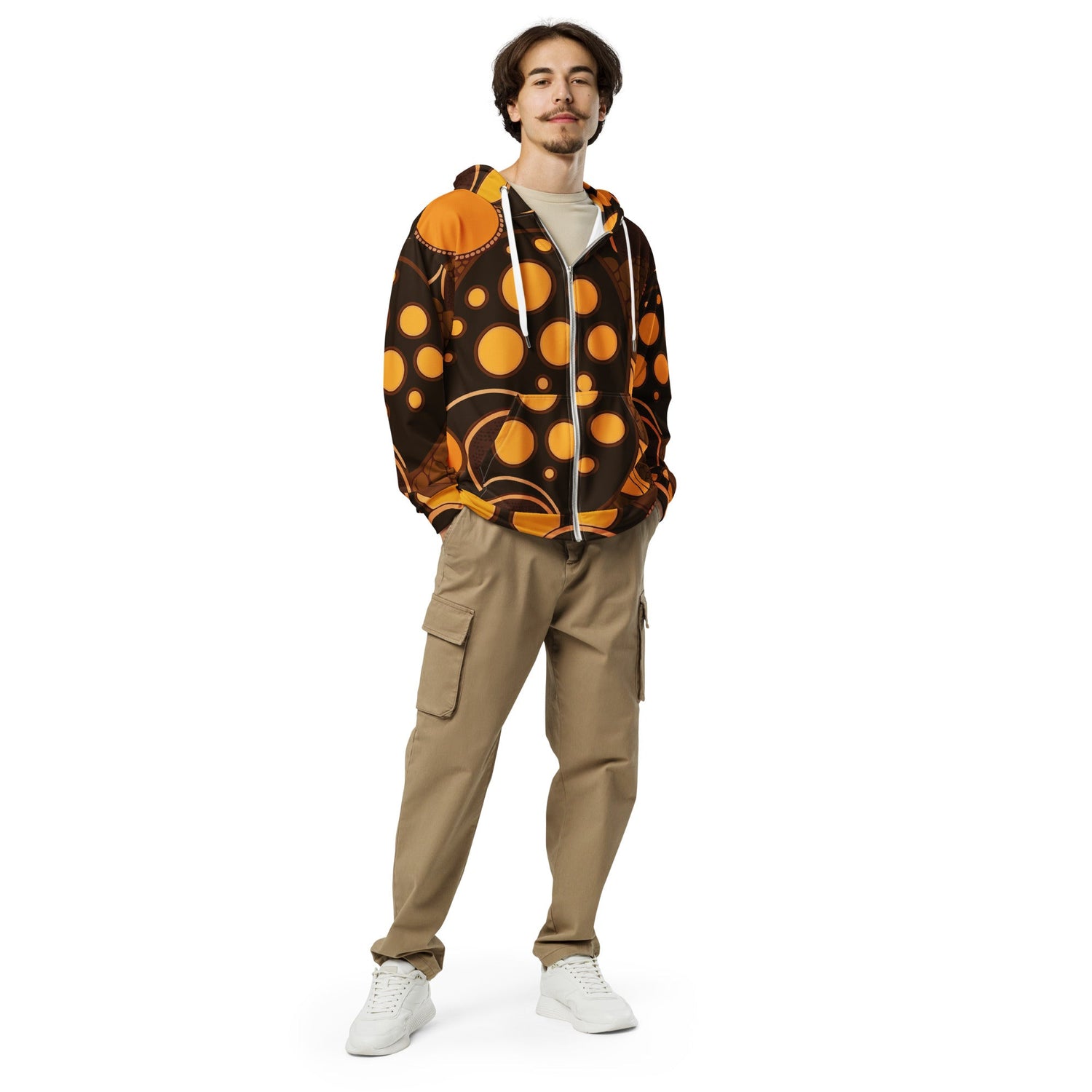 Mens Full Zip Graphic Hoodie, Orange Brown Spotted Print