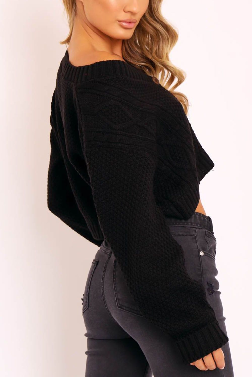 Cable Knit Button Up Crop Black Cardigan