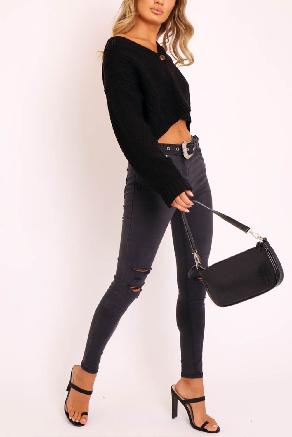 Cable Knit Button Up Crop Black Cardigan