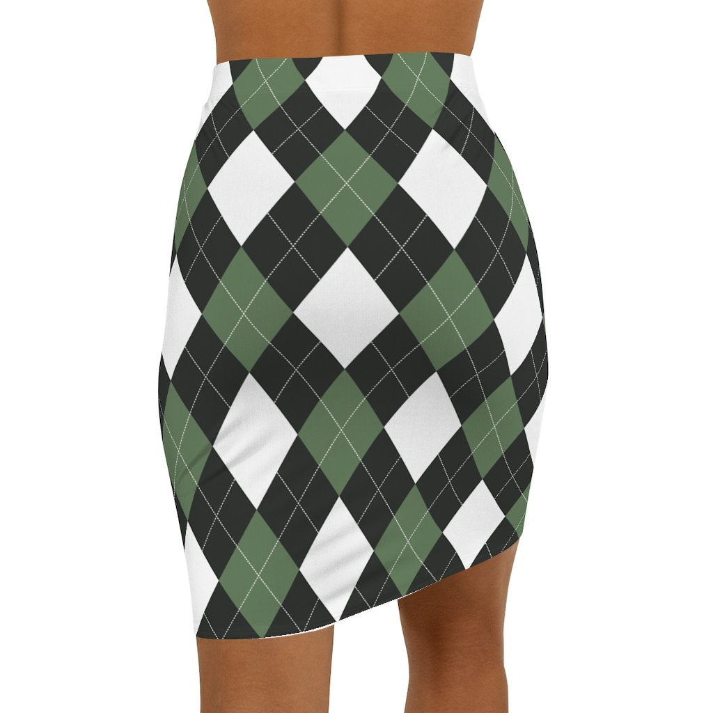Womens Pencil Skirt, Green and White Argyle Stretch Mini