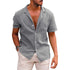 Gray casual button down shirt with short sleeves made from linen-cotton fabric for a relaxed look.