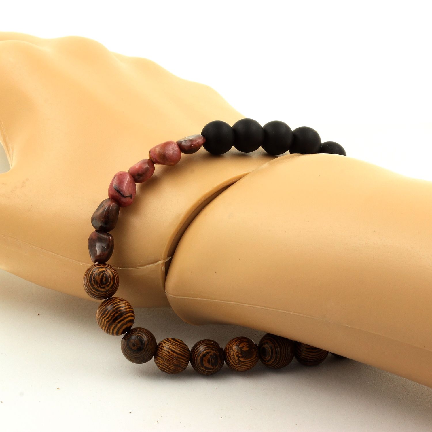 Rhodochrosite + Matte Black Onyx + wood Bracelet 8 mm Beads.