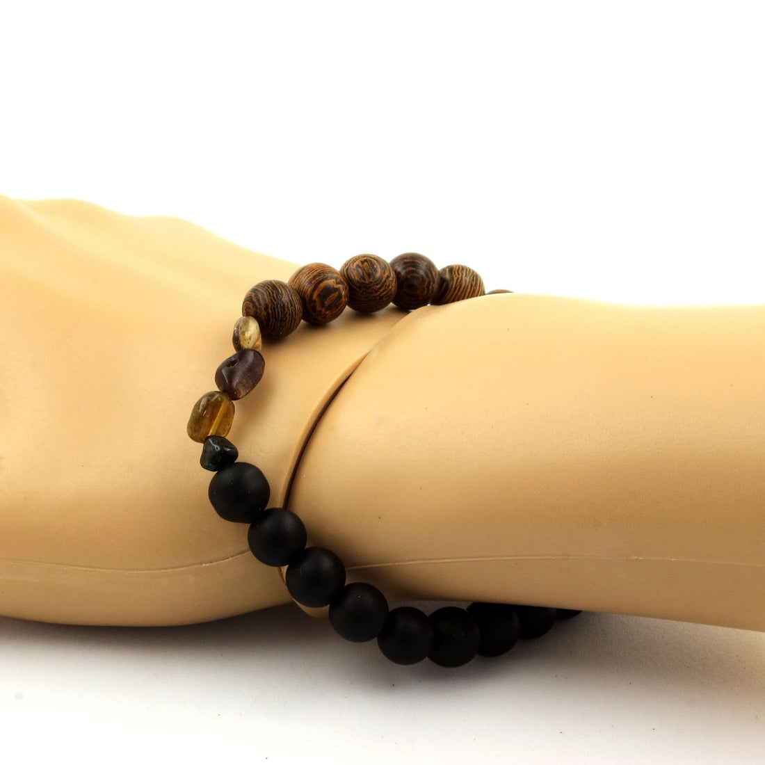 Multicolor Tourmaline + matte Black Onyx + wood Bracelet 8 mm Beads.