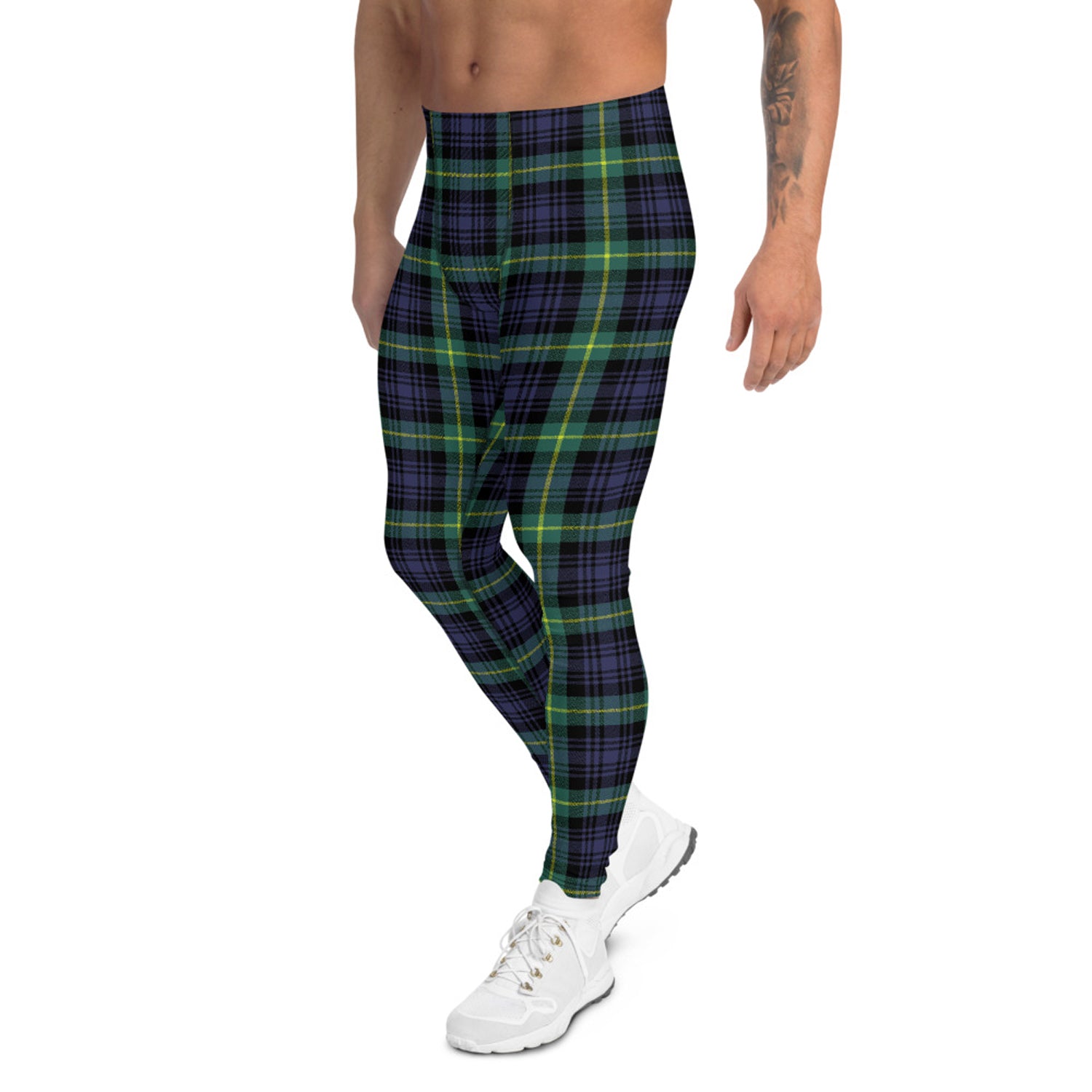 Green and Blue Plaid Tartan Leggings for Men