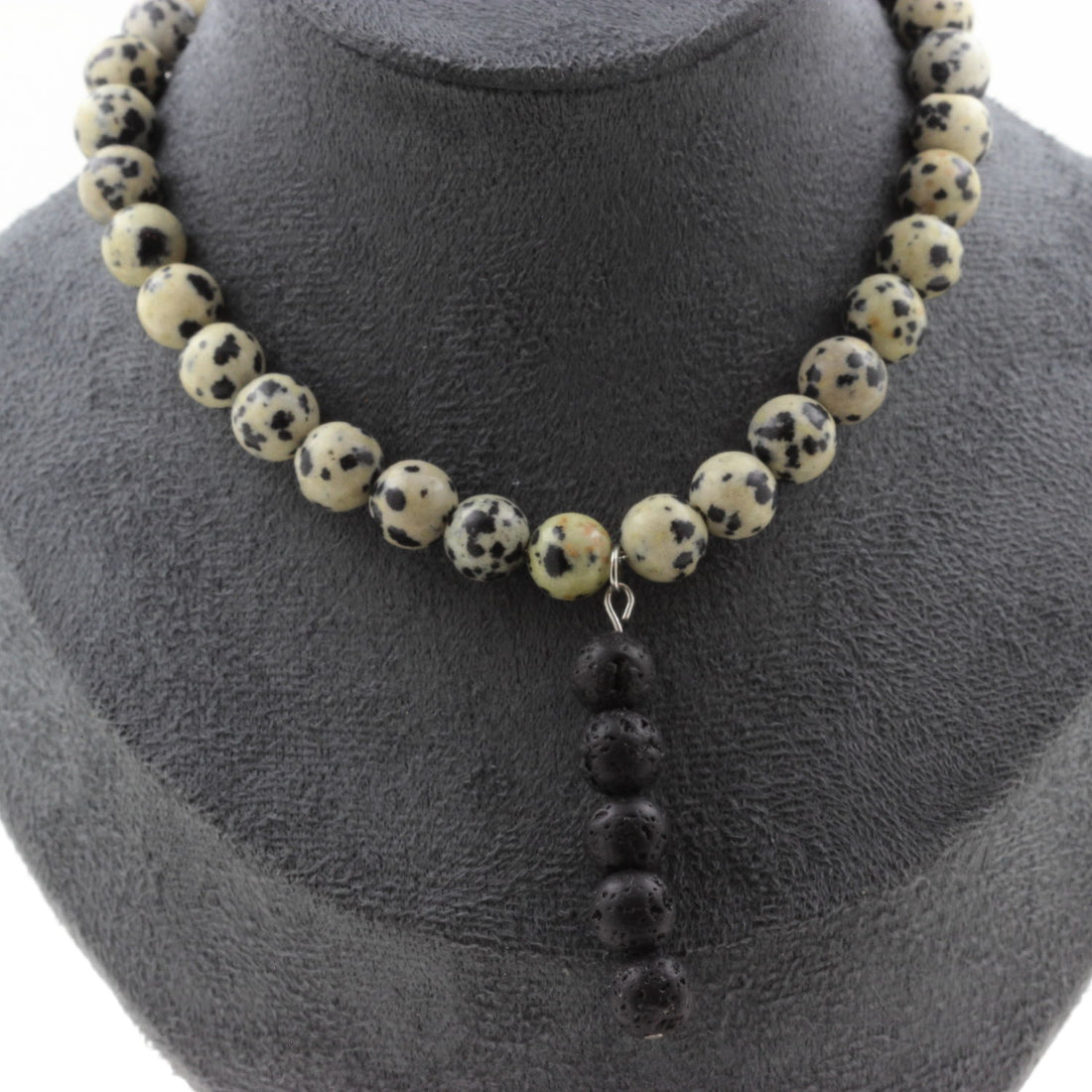 Necklace with Dalmatian Jasper beads 8 mm + 5 Lava beads 8 mm.