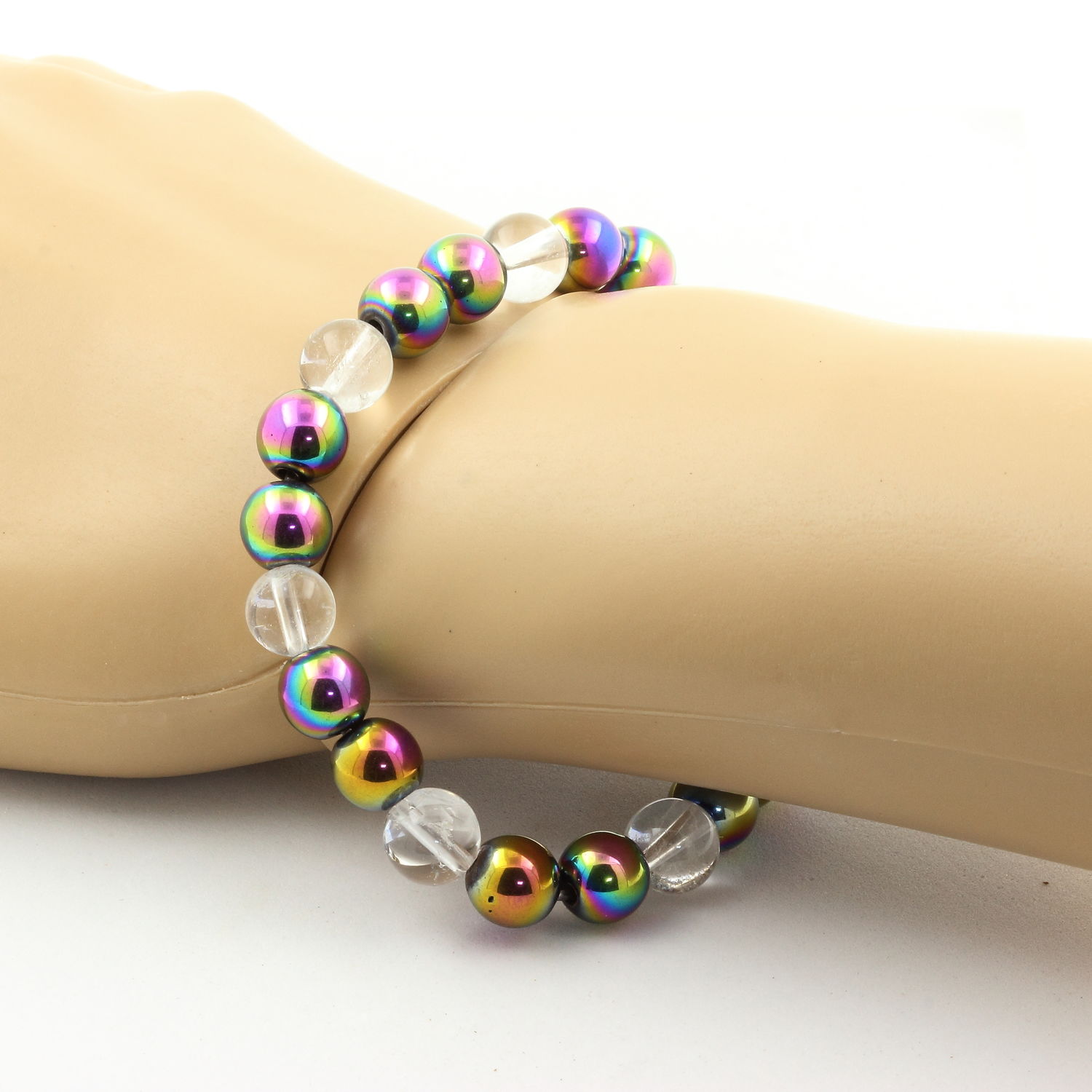 Quartz + Multicolor Hematite Bracelet 8 mm Beads.