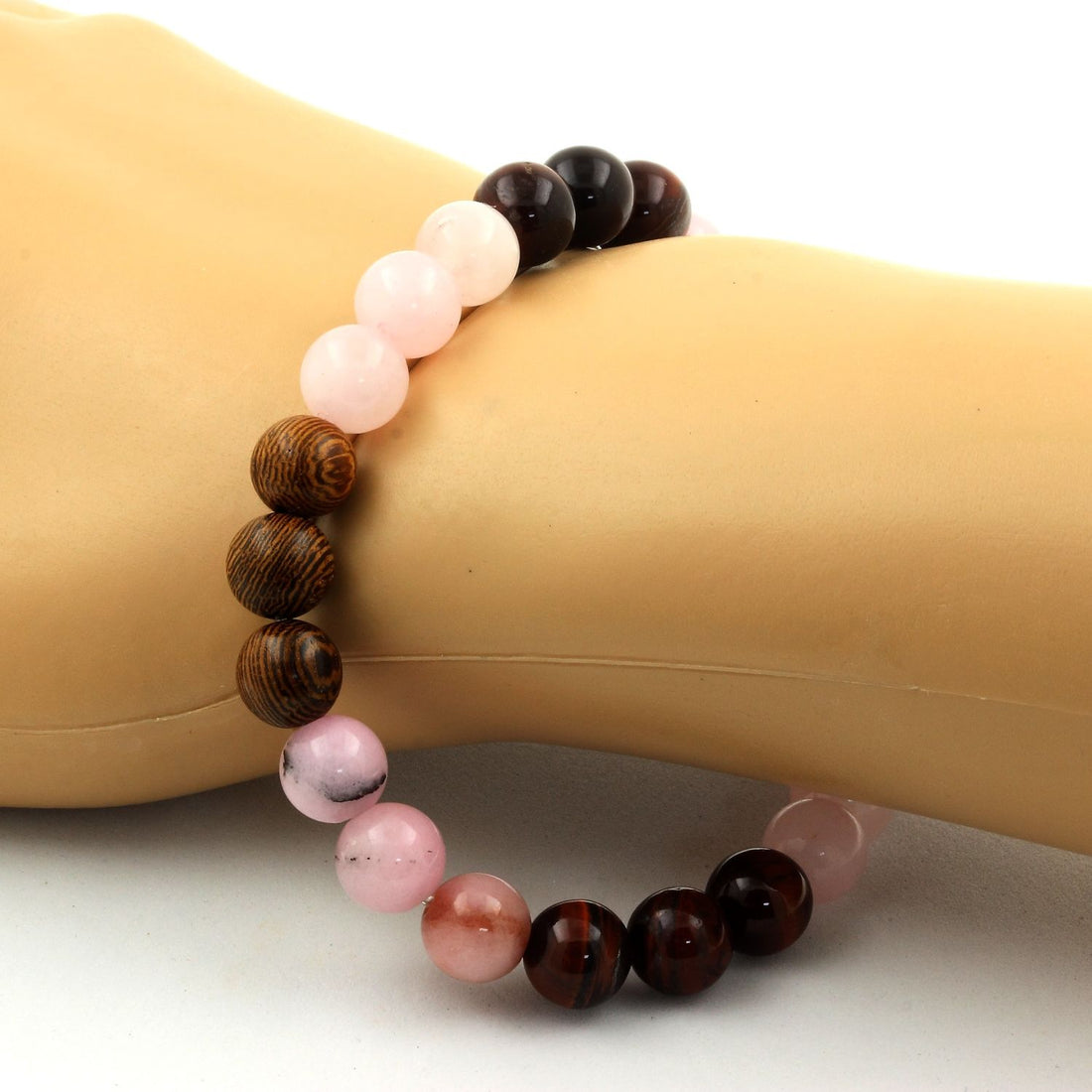 Pink Opal + Red Tiger Eye + Rose Quartz + Wood Bracelet 8 mm Beads.