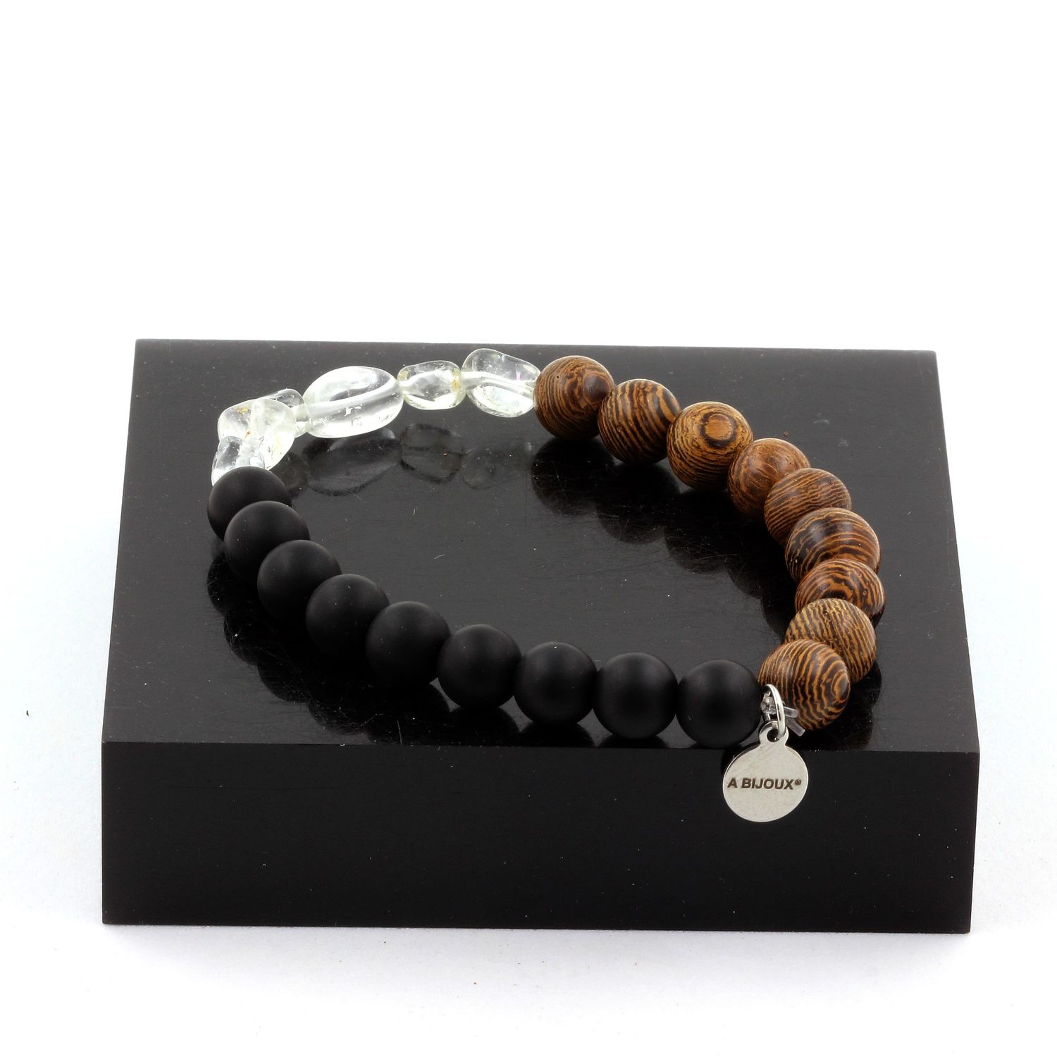 Topaz from Brazil + Matte Black Onyx + wood Bracelet 8 mm Beads.