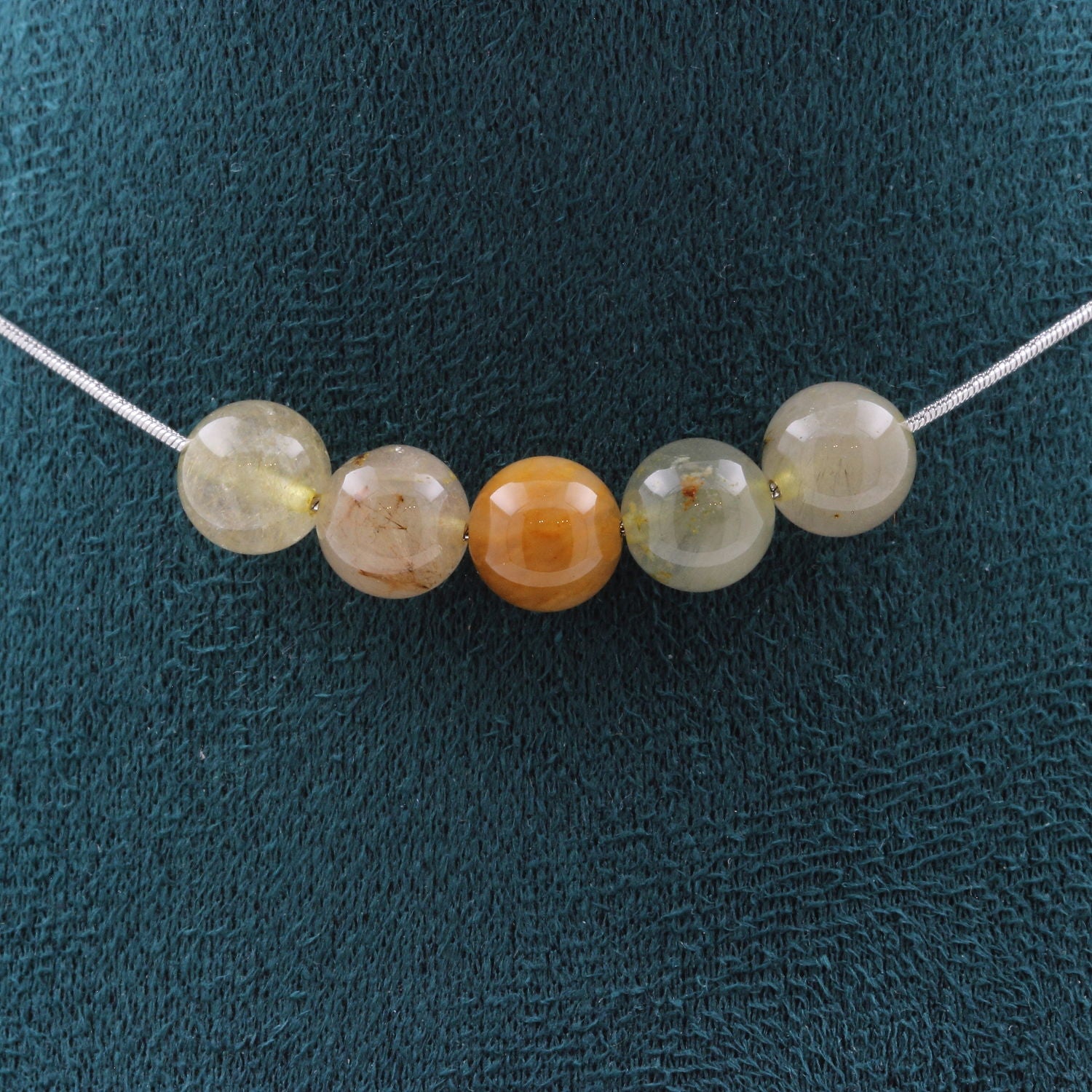 Rutilated Quartz 8 mm 5 beads necklace.