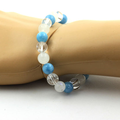 Blue Chalcedony + Quartz + Moonstone Bracelet 8 mm Beads.