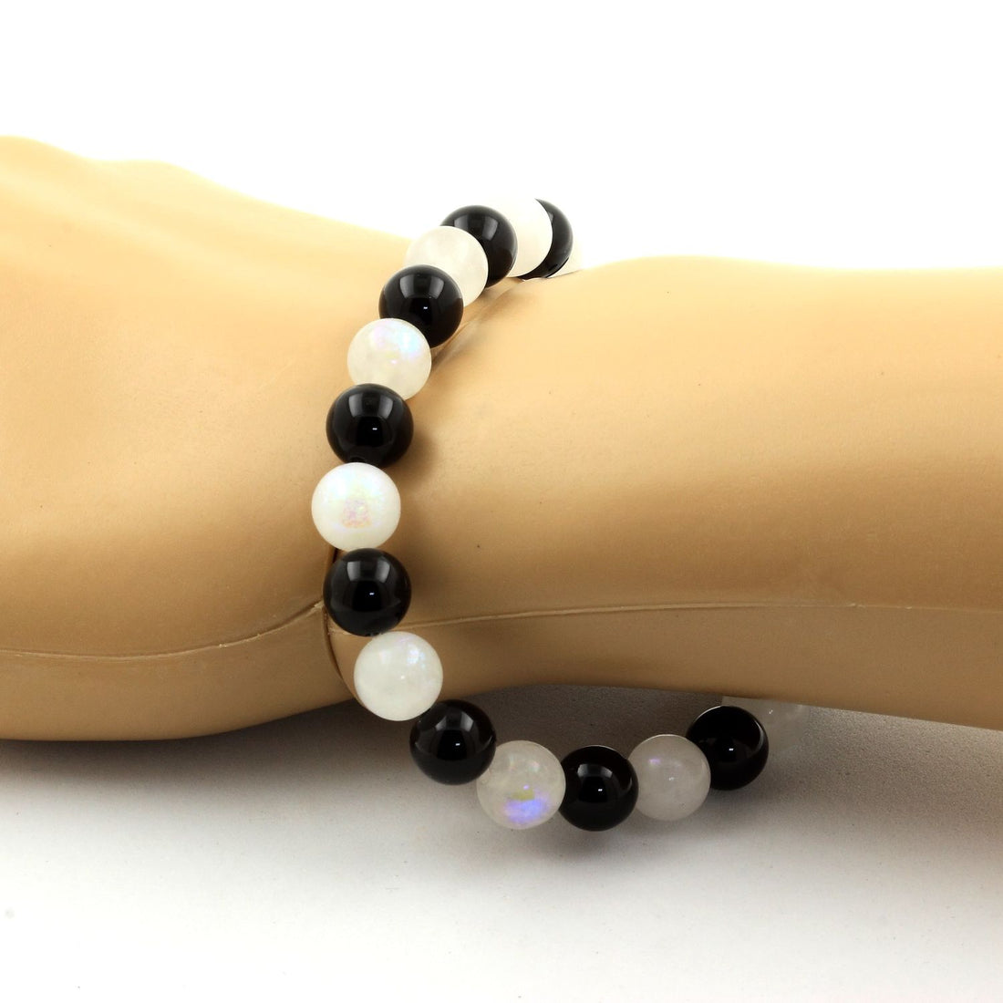 Moonstone + Black Agate Bracelet 8 mm Beads.