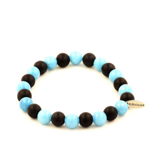 Blue Chalcedony + Matte Black Onyx Beads Bracelet 8 mm.