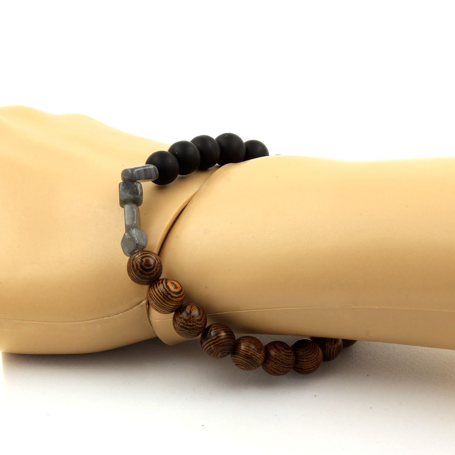 Labradorite + Matte Black Onyx + wood Bracelet 8 mm Beads.