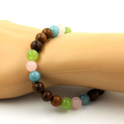 Rose Quartz + Peridot + Aquamarine + Wood Bracelet 8 mm Beads.