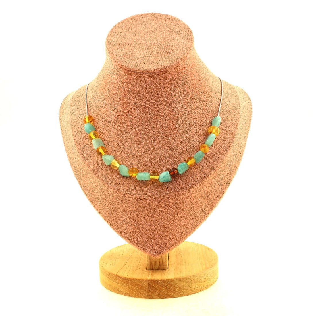 Genuine Baltic Sea Amber + Amazonite 20 beads necklace.