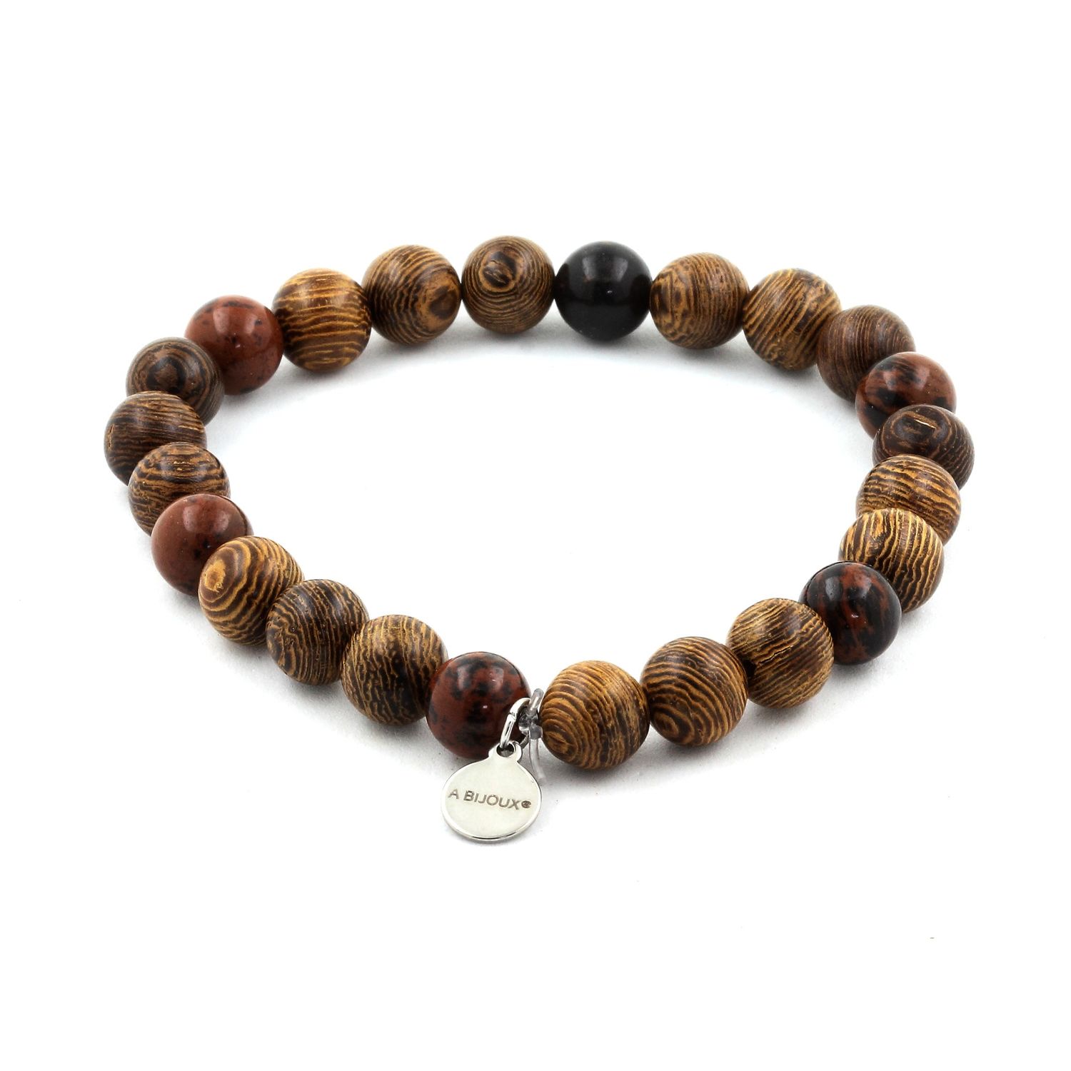 Mahogany obsidian + wood Bracelet 8 mm Beads.