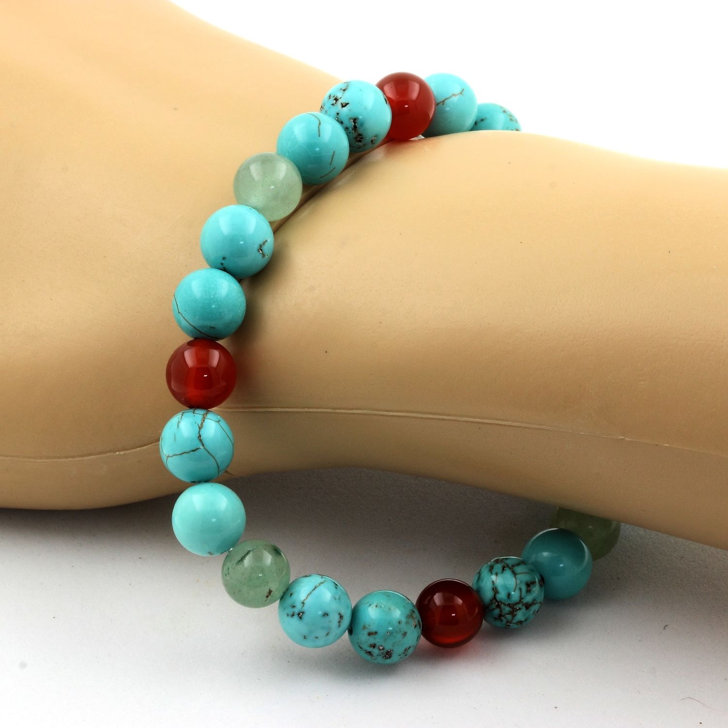 Aventurine + Turquoise + Red Agate Bracelet 8 mm Beads.