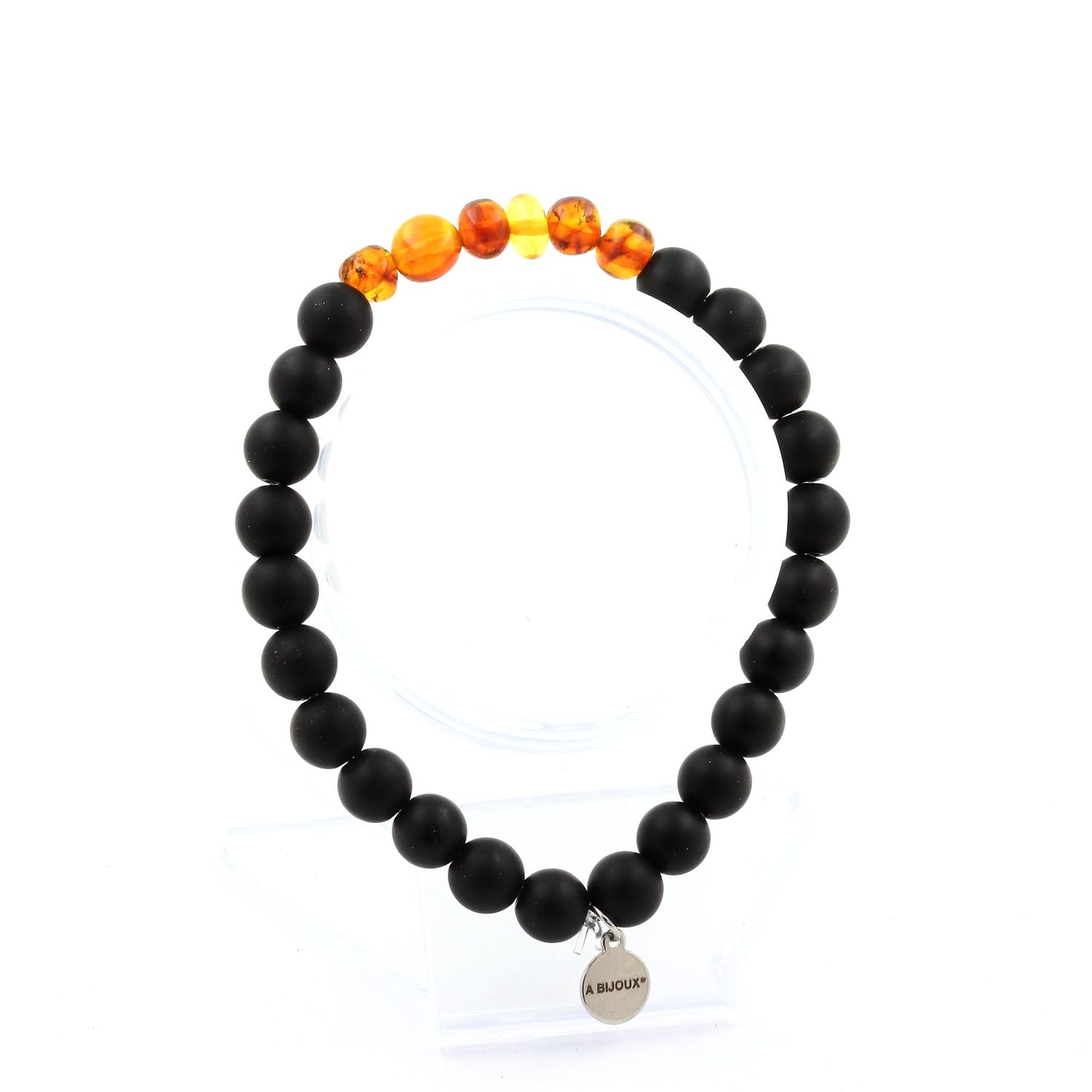 Genuine Baltic Sea Amber + Matte Black Onyx Bracelet 8 mm Beads.