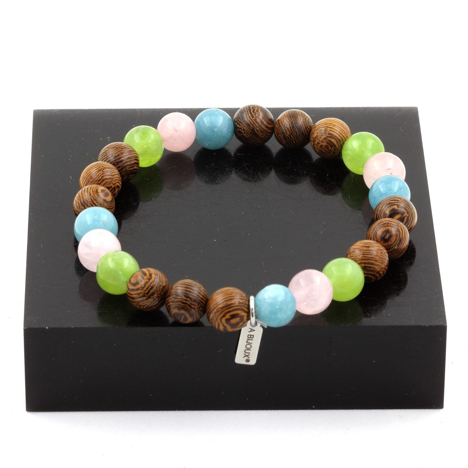 Rose Quartz + Peridot + Aquamarine + Wood Bracelet 8 mm Beads.