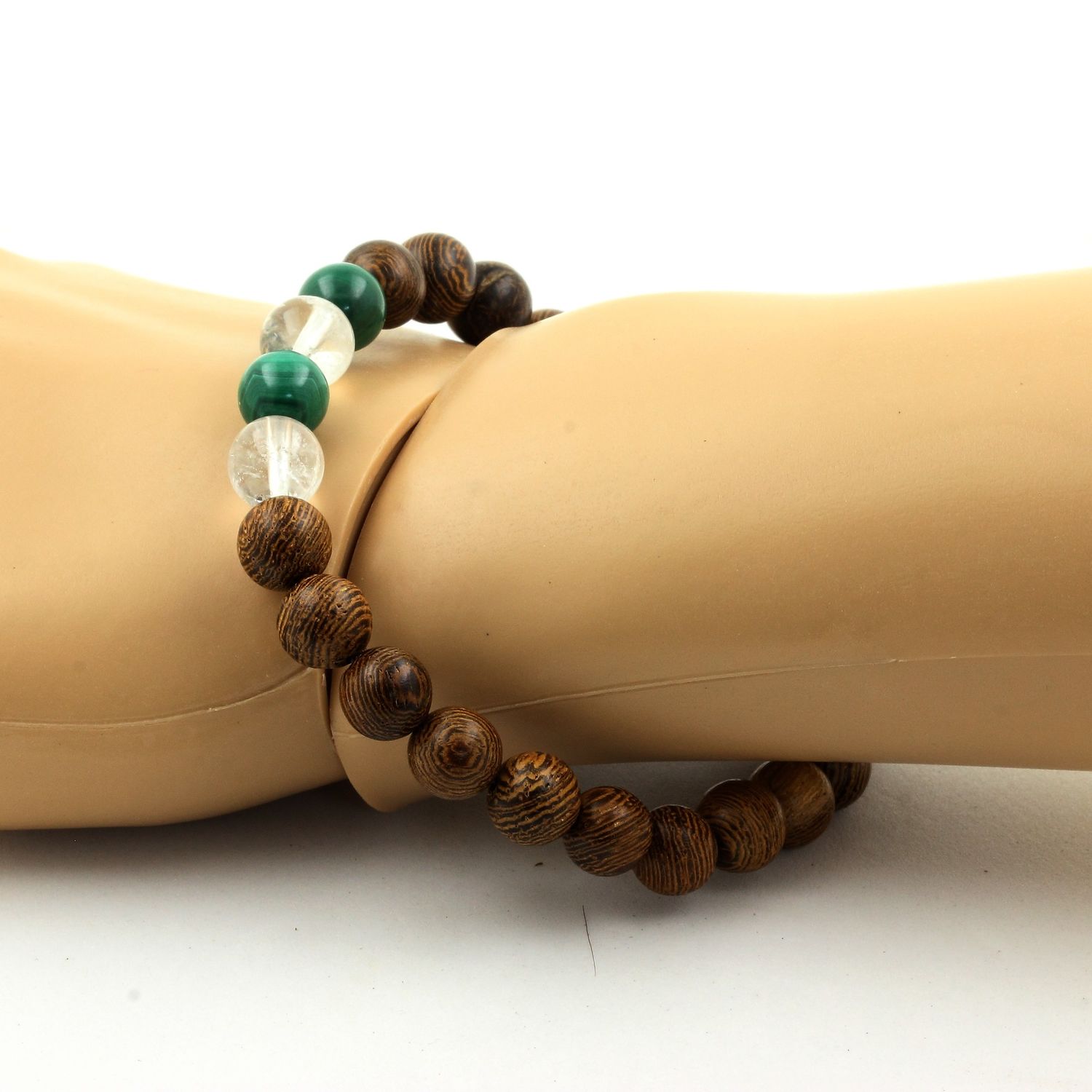 Malachite from Congo + Quartz + wood Bracelet 8 mm Beads.