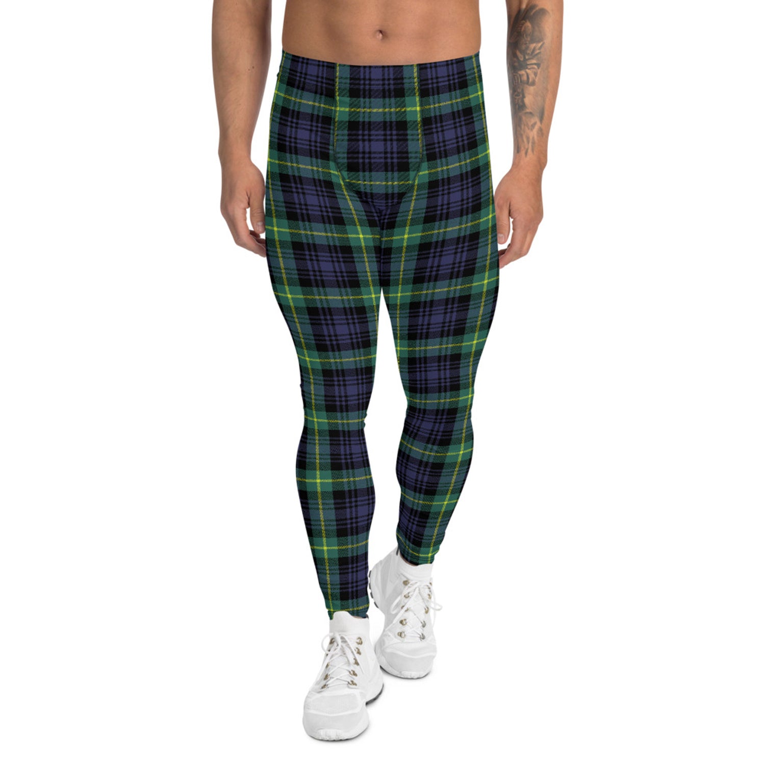 Green and Blue Plaid Tartan Leggings for Men