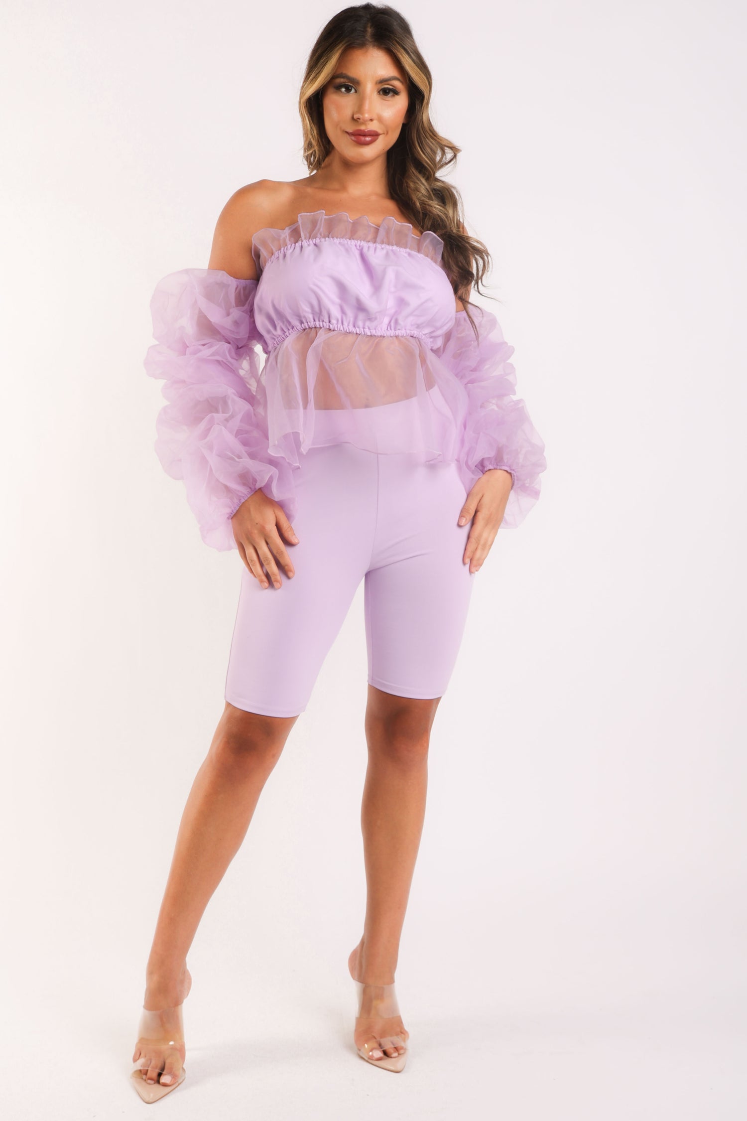 Sexy Organza Sleeve Detailed Top &amp; Matching Shorts 2 Piece Set lavndr