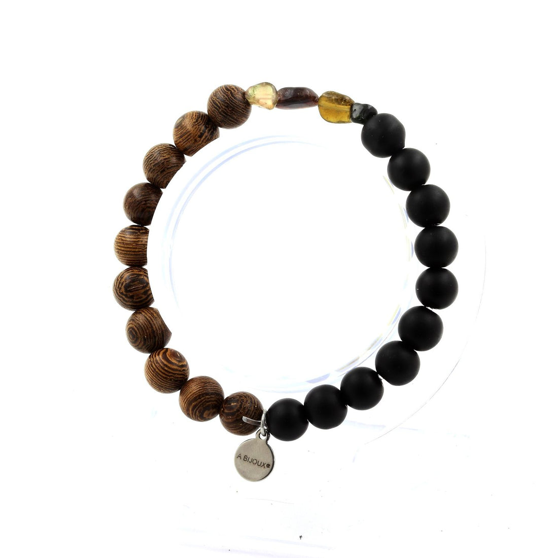 Multicolor Tourmaline + matte Black Onyx + wood Bracelet 8 mm Beads.