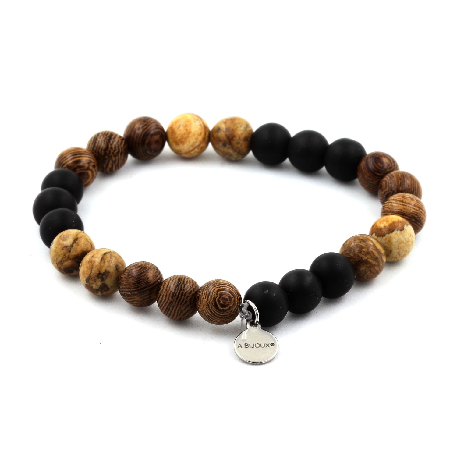 Landscape Jasper + Matte Black Onyx + Wood Bracelet 8 mm Beads.