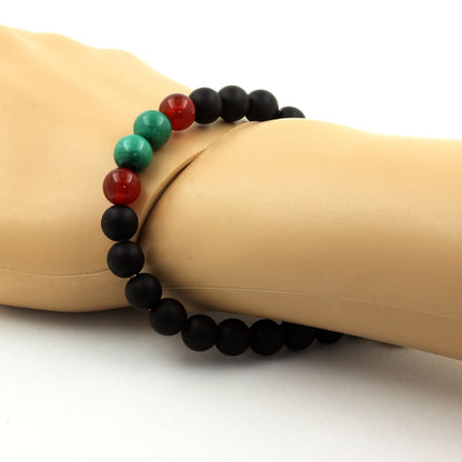 Malachite + Red Agate + Matte Black Onyx Bracelet 8 mm Beads.