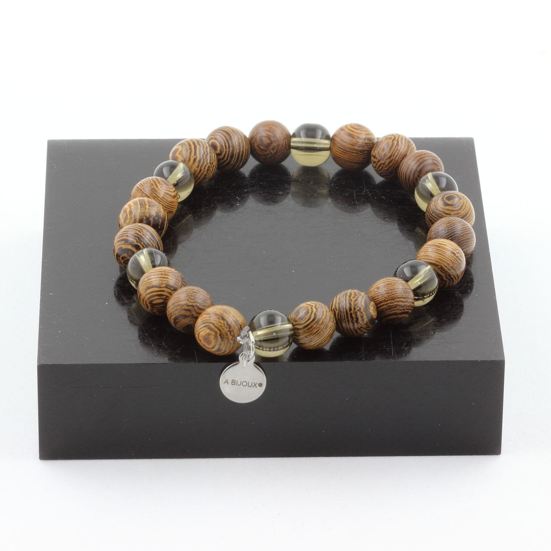 Smoky Quartz + wood Bracelet 8 mm Beads.