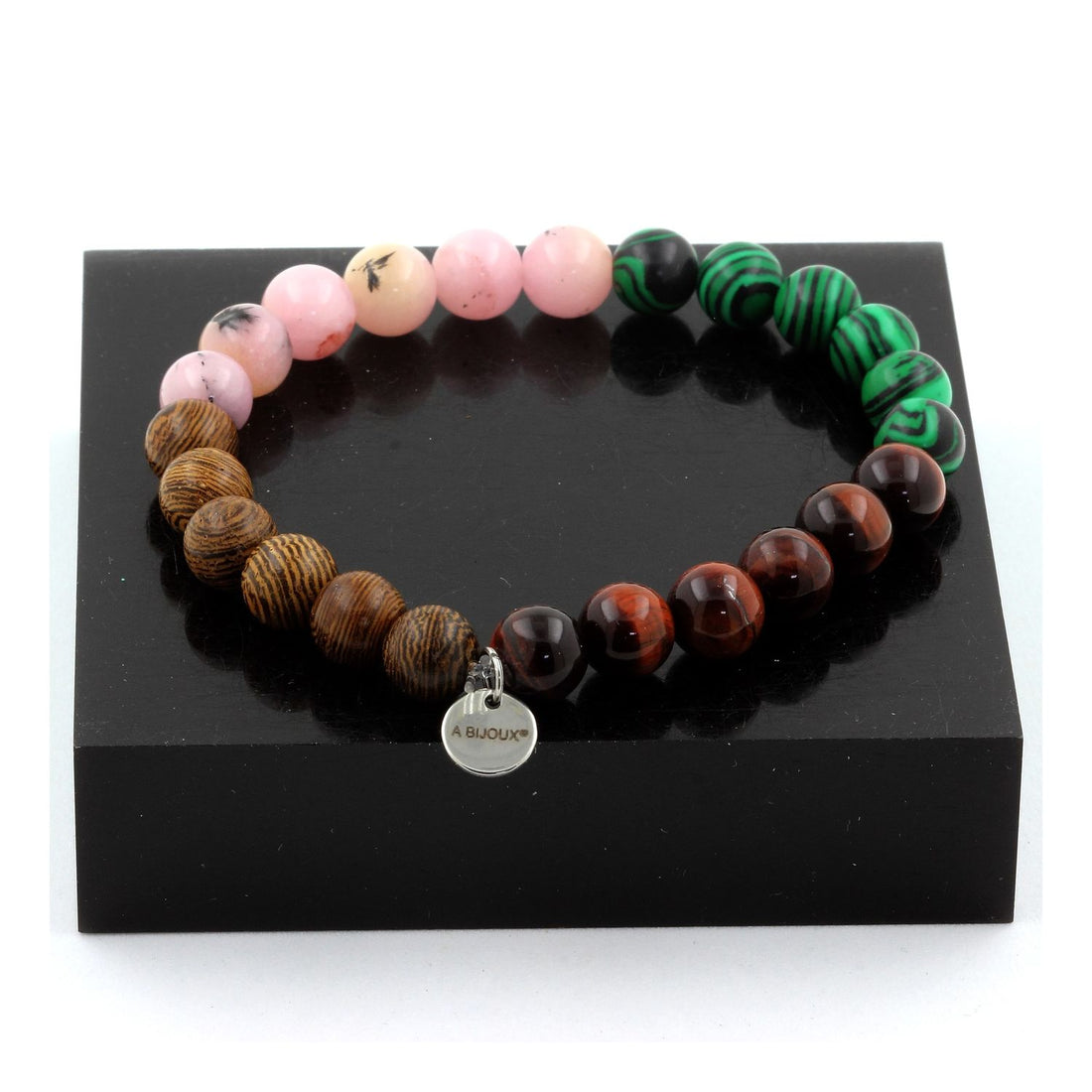 Pink Opal + Red Tiger Eye + Malachite + Wood Bracelet 8 mm Beads.