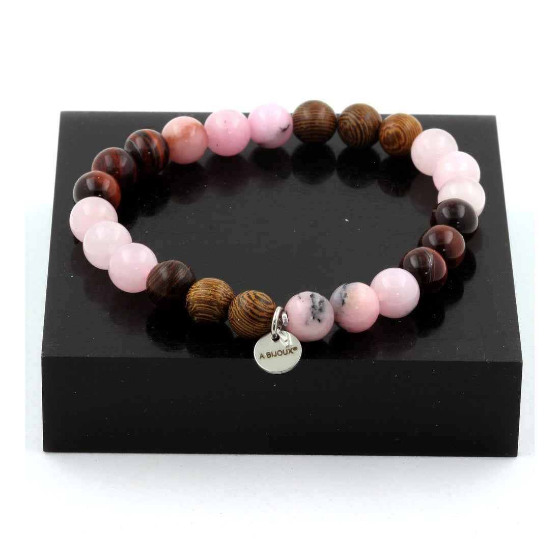 Pink Opal + Red Tiger Eye + Rose Quartz + Wood Bracelet 8 mm Beads.