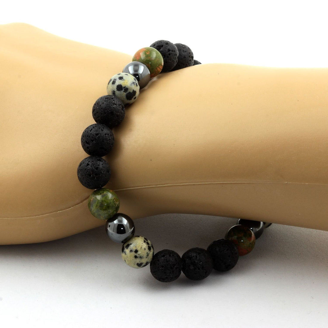 Dalmatian Jasper + Unakite + Hematite + Lava Bracelet 8 mm Beads.