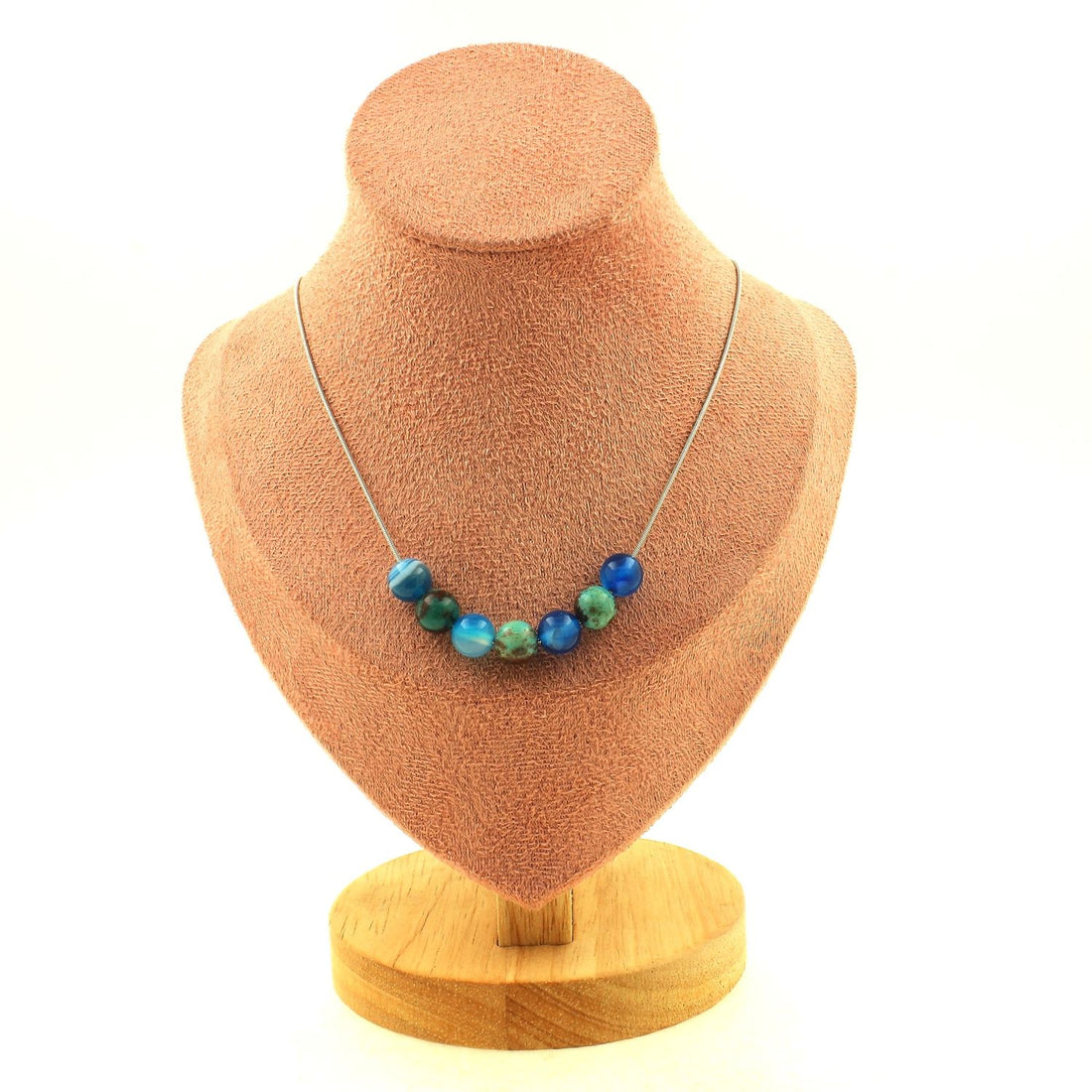 Chrysocolla quality 7A + Blue banded Agate 8 mm 7 beads necklace.