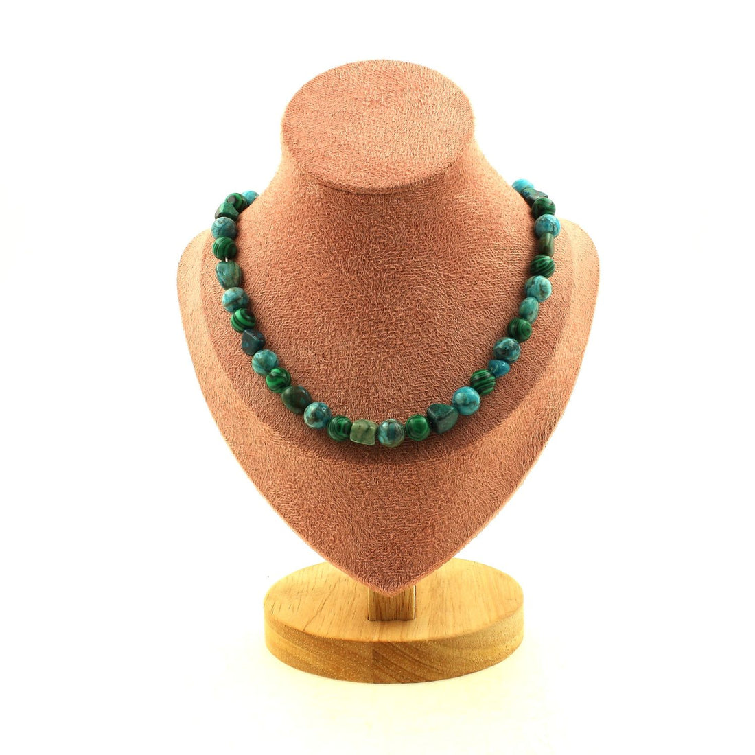 Chrysocolla + Turquoise + Malachite 8 mm beads necklace.