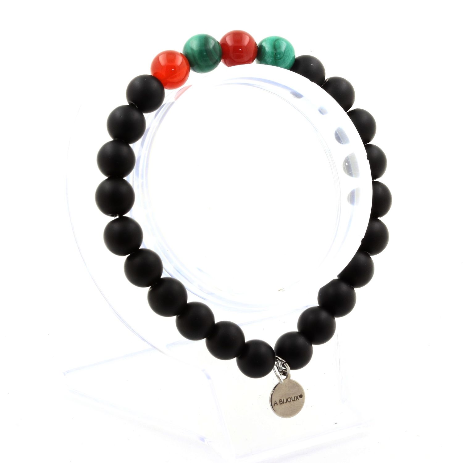 Malachite + Red Agate + Matte Black Onyx Bracelet 8 mm Beads.