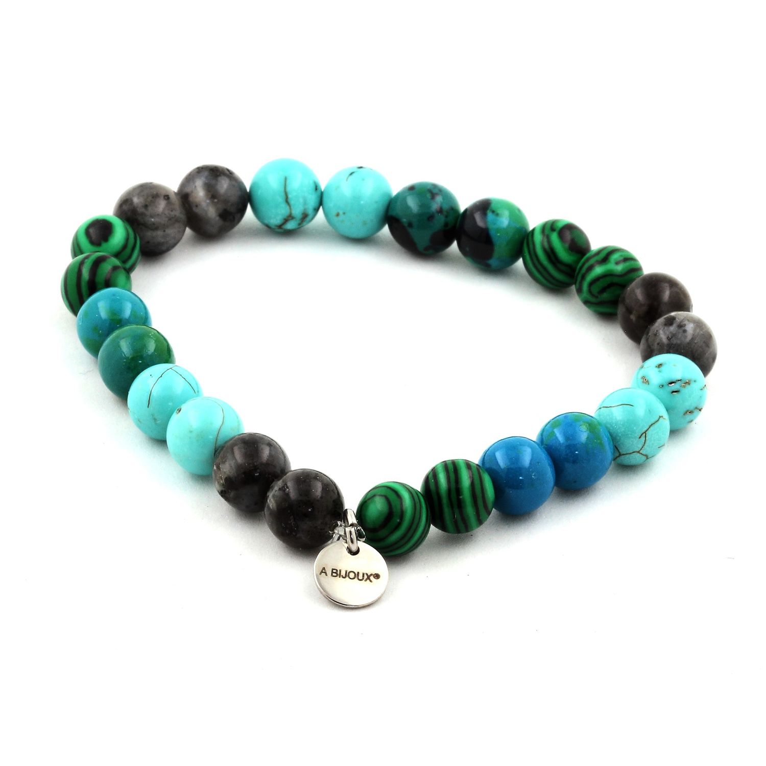 Labradorite + Chrysocolla + Turquoise + Malachite Bracelet 8 mm Beads.