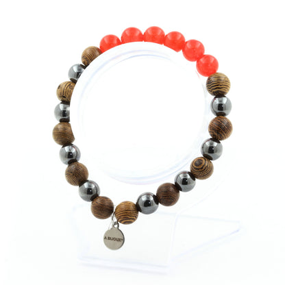 Red Chalcedony + Hematite + wood 8 mm beads Bracelet.