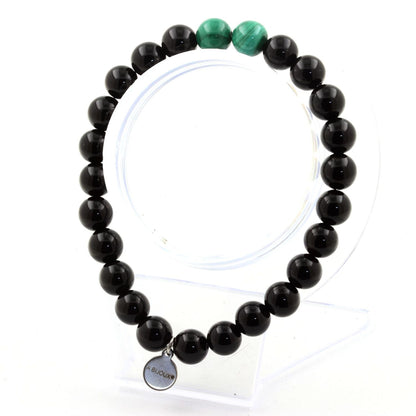 Malachite from Congo + Black Agate Bracelet 8 mm Beads.