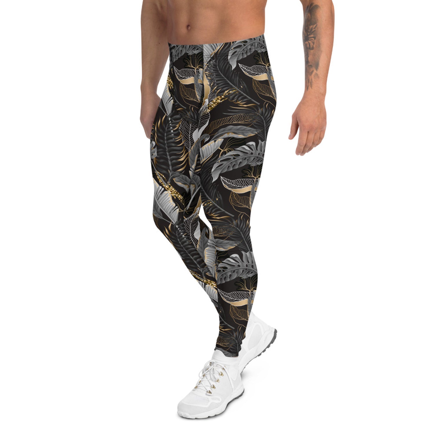 Black and Gold Palm Leaf Leggings for Men