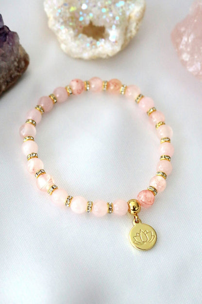 Rose Quartz – Amethyst Elastic Bracelet | 24K Lotus Flower Charm