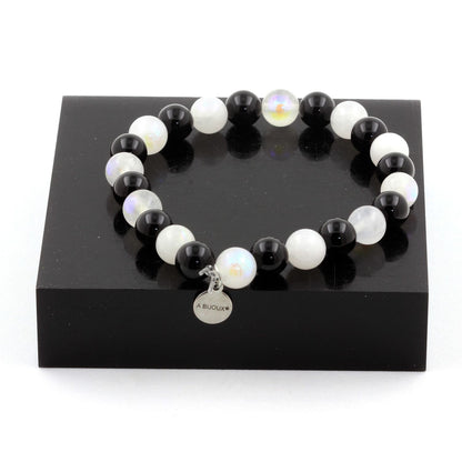 Moonstone + Black Agate Bracelet 8 mm Beads.