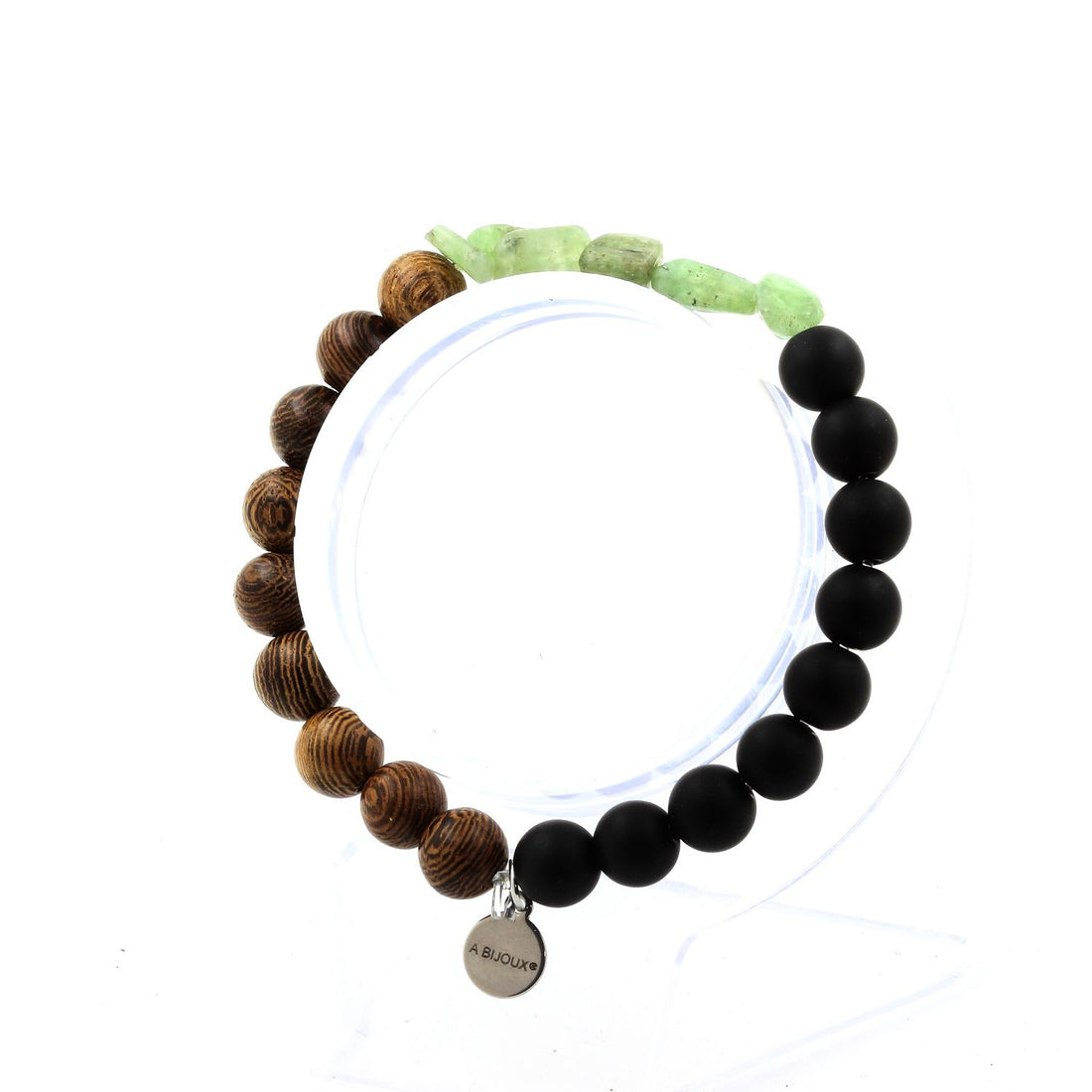 Green Apatite + Matte Black Onyx + wood Bracelet 8 mm Beads.