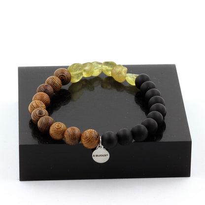 Yellow Apatite + Matte black Onyx + wood Bracelet 8 mm Beads.