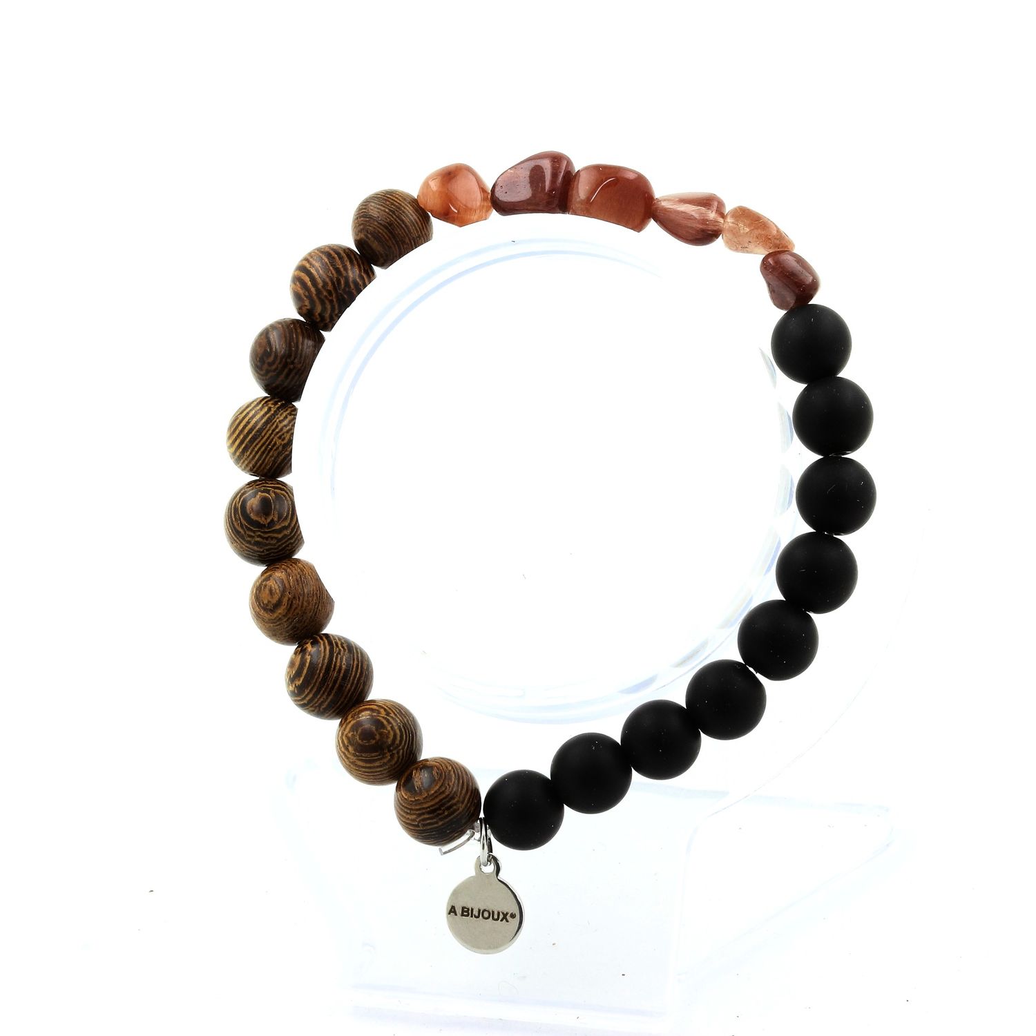 Red rutilated Quartz + Matte Black Onyx + wood Bracelet 8 mm Beads.