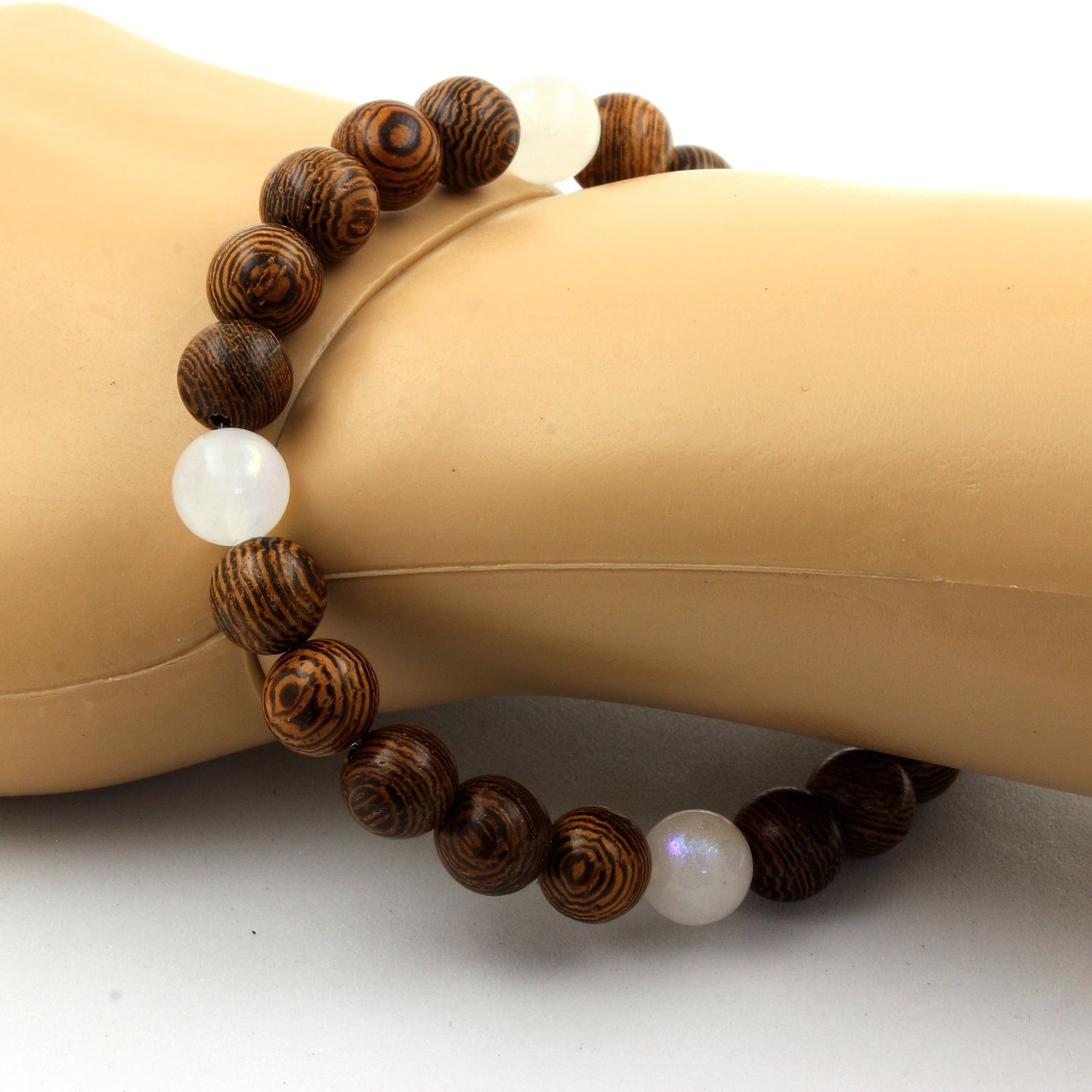 Moonstone + Wood Bracelet 8 mm Beads.