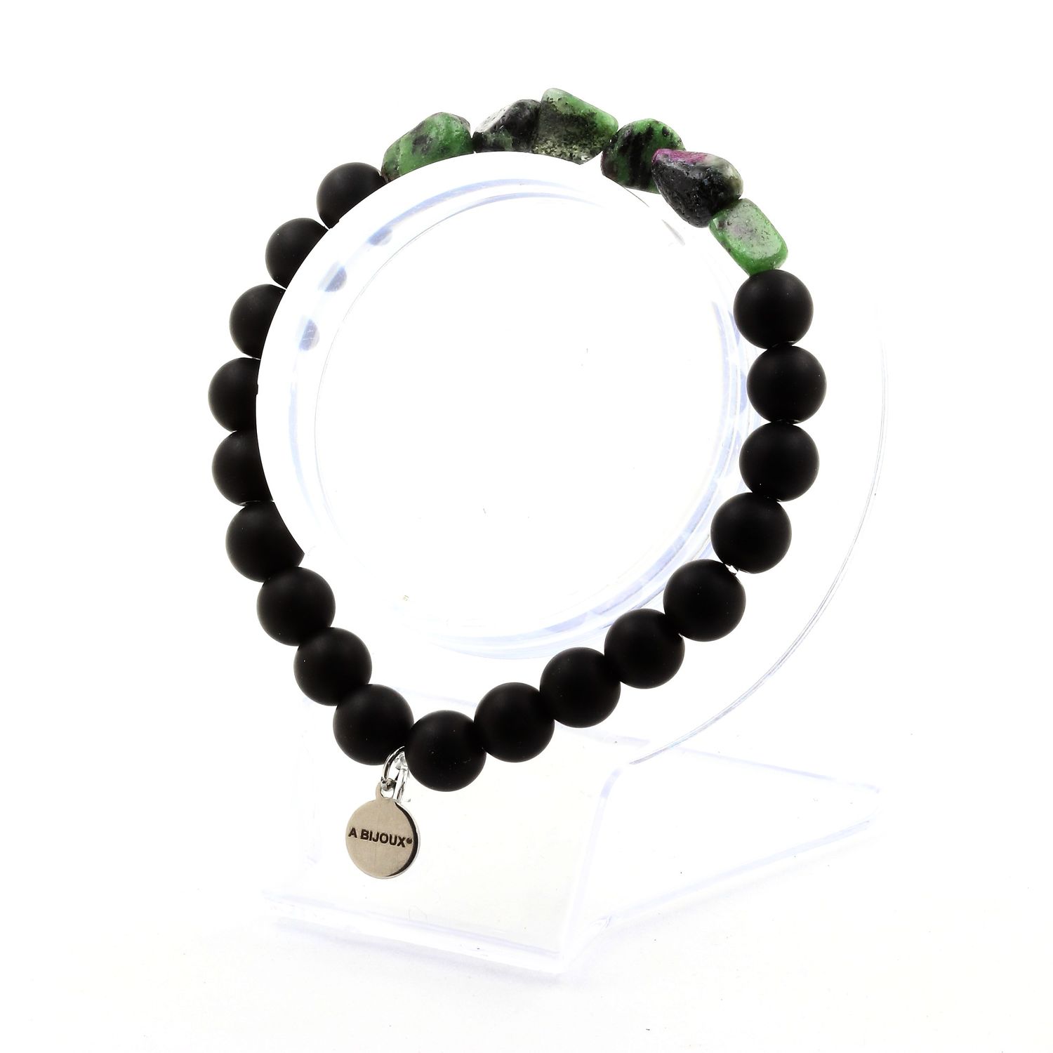 Epidote from Myanmar (Burma) + Matte black Onyx 8 mm beads Bracelet.