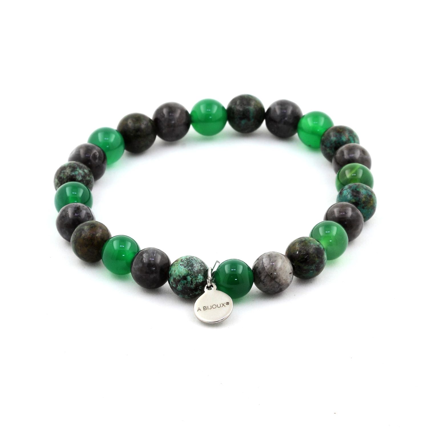 African Turquoise + Labradorite + Green Agate Bracelet 8 mm Beads.