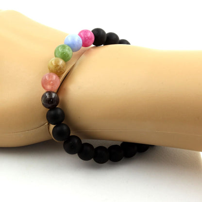 Multicolor Tourmaline + Matte black Onyx Bracelet 8 mm Beads.